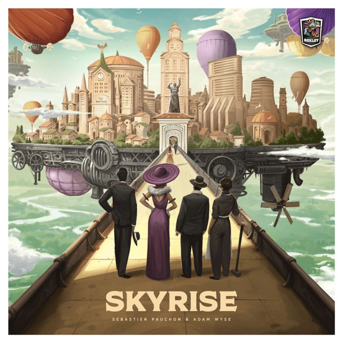 Skyrise - Board game cover art featuring a floating cityscape with intricate towers and airships, four vintage-dressed figures viewing