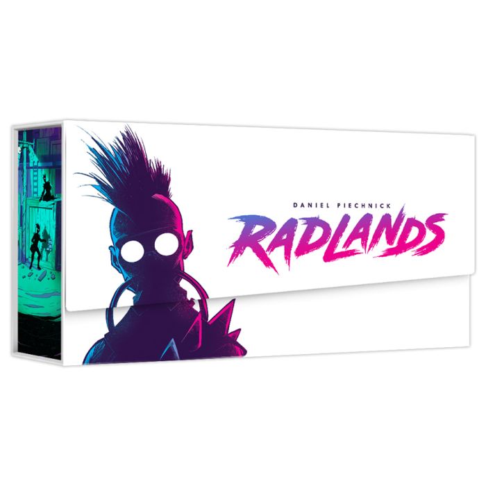 Radlands - Rectangular white game box with neon purple and blue punk character silhouette and bold pink "Radlands" title text.