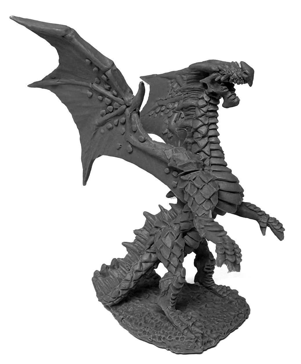 Fire Dragon Hatchling - Dark gray detailed dragon figurine with outstretched wings and open mouth standing on textured base.