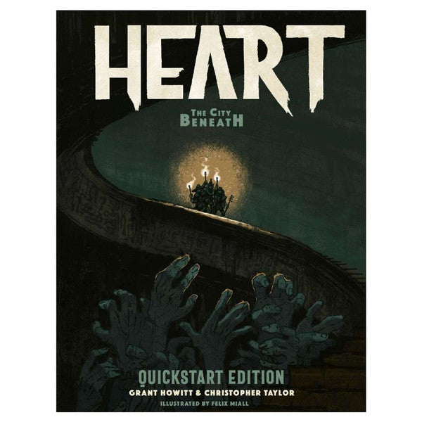 Heart: Quickstart Edition 2024 - Dark fantasy RPG cover with eerie hands reaching upward and glowing candlelight above the title Heart.