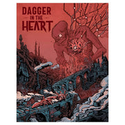 Heart: Dagger in the Heart - Dark red-toned RPG cover depicting a monstrous figure clutching a heart pierced by a dagger amidst a ruined, snow-covered.