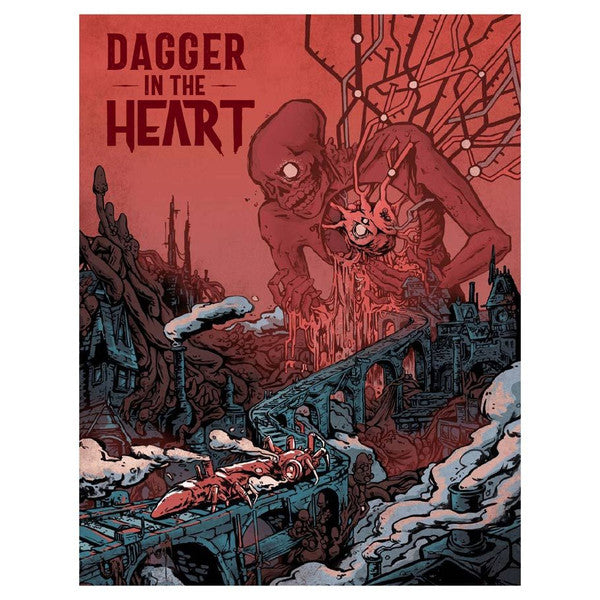 Heart: Dagger in the Heart - Dark red-toned RPG cover depicting a monstrous figure clutching a heart pierced by a dagger amidst a ruined, snow-covered.