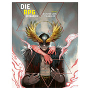 DIE RPG Scenarios Volume 1: Bizarre Love Triangles - Dark, feathered figure wearing a golden winged helmet with multiple red arms reaching around the torso against a smoky.