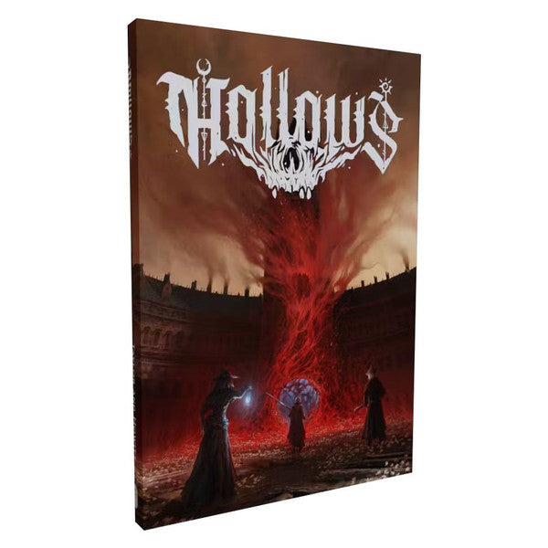 Hollows (PREORDER) - Dark fantasy book cover with three cloaked figures around a fiery red vortex in an ancient arena.