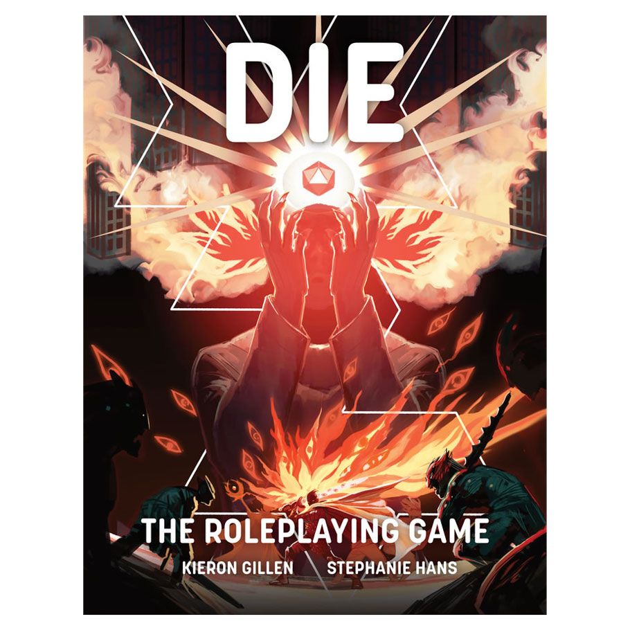 DIE: The Roleplaying Game - Roleplaying game book cover with fiery red and orange tones, hands reaching up toward a glowing die, bold white "DIE" title.