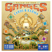 Rajas of the Ganges: Cards & Karma - Board game box with ornate gold and blue design featuring an Indian palace motif, colorful card illustrations, and bold.