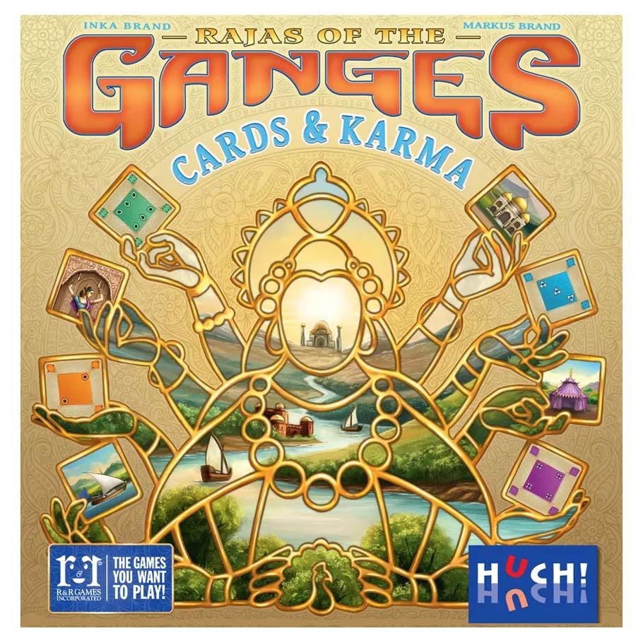 Rajas of the Ganges: Cards & Karma - Board game box with ornate gold and blue design featuring an Indian palace motif, colorful card illustrations, and bold.