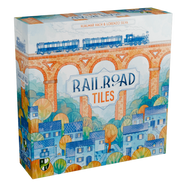 Railroad Tiles - Colorful game box with a vintage steam train crossing an arched brick bridge above a quaint town, labeled Railroad Tiles.
