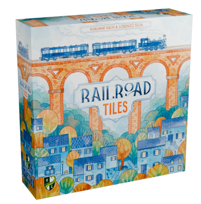 Railroad Tiles - Colorful game box with a vintage steam train crossing an arched brick bridge above a quaint town, labeled Railroad Tiles.