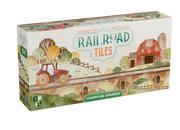 Railroad Tiles: Countryside Expansion - Rectangular box with illustrated countryside scene featuring a red barn, tractor, trees, and stone bridge in soft pastel.
