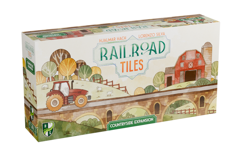 Railroad Tiles: Countryside Expansion - Rectangular box with illustrated countryside scene featuring a red barn, tractor, trees, and stone bridge in soft pastel.
