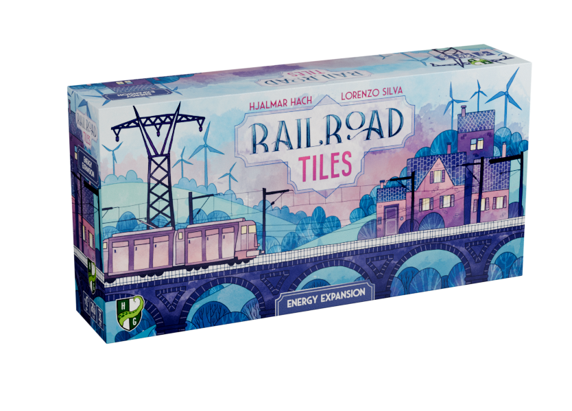 Railroad Tiles: Energy Expansion - Rectangular box of Railroad Tiles Energy Expansion featuring illustrated trains, power lines, and a scenic blue and purple.