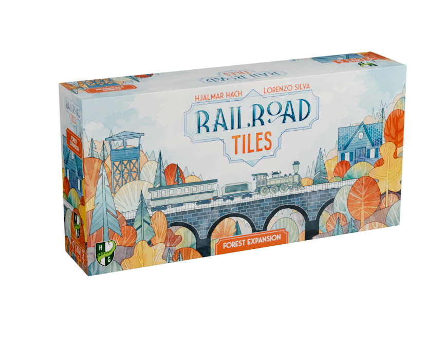 Railroad Tiles: Forest Expansion - Colorful rectangular box with illustrated autumn forest scenery, a train crossing a stone bridge, and the title Railroad.