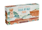 Railroad Tiles: Monuments Expansion - Rectangular box with watercolor-style illustration of ancient monuments and bridges in warm earthy tones, labeled Railroad.