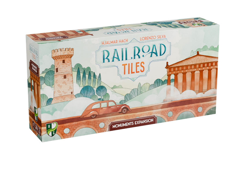 Railroad Tiles: Monuments Expansion - Rectangular box with watercolor-style illustration of ancient monuments and bridges in warm earthy tones, labeled Railroad.
