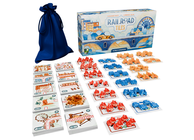 Railroad Tiles: World Expansion - Railroad Tiles World Expansion set with colorful red, blue, and orange plastic train pieces, detailed illustrated tiles,.