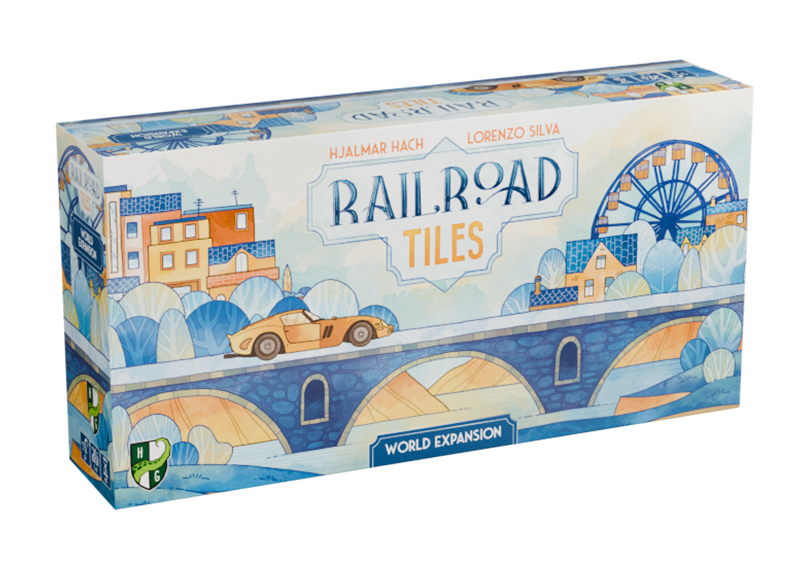 Railroad Tiles: World Expansion - Rectangular game box with blue and orange vintage-style cityscape artwork, labeled Railroad Tiles World Expansion.