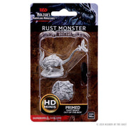 D&D Nolzur's Marvelous Miniatures: Rust Monster - Unpainted gray plastic miniature of a Rust Monster with segmented body and large antennae, packaged with a round base in.