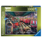 Abandoned Places - Decaying Diner 1000 Piece - 1000-piece puzzle featuring a colorful, decaying diner interior with red booths, checkered floor, and vintage jukebox.