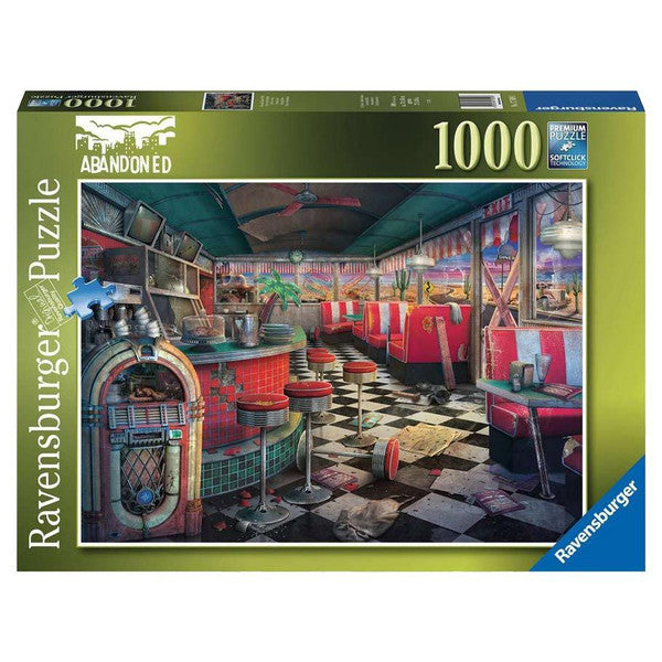 Abandoned Places - Decaying Diner 1000 Piece - 1000-piece puzzle featuring a colorful, decaying diner interior with red booths, checkered floor, and vintage jukebox.