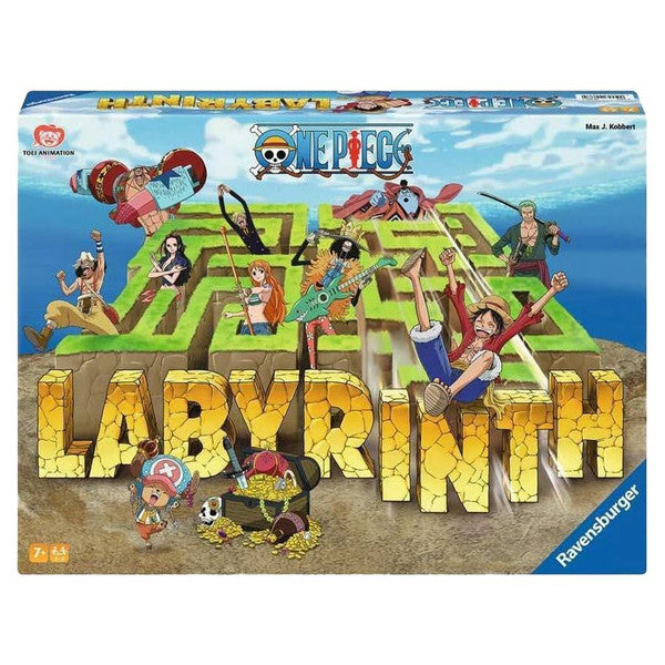 Labyrinth: One Piece - Labyrinth board game box featuring a green maze with One Piece characters and large stone-textured yellow "LABYRINTH" text.