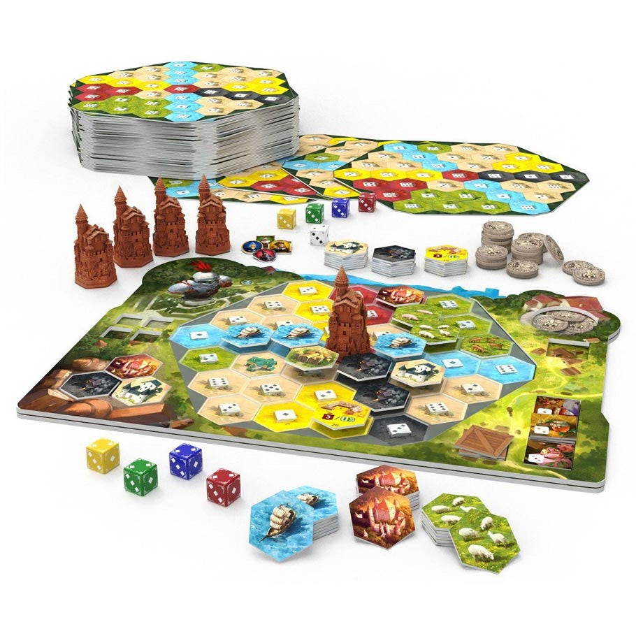 Castles of Burgundy: Special Edition - Hexagonal game board with colorful tiles, red detailed figurines, multi-colored dice, and stacks of cards and tokens for.