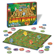 Pokemon Labyrinth - Pokemon Labyrinth board game with green maze board, colorful Pokemon character tokens, and round path markers around the.