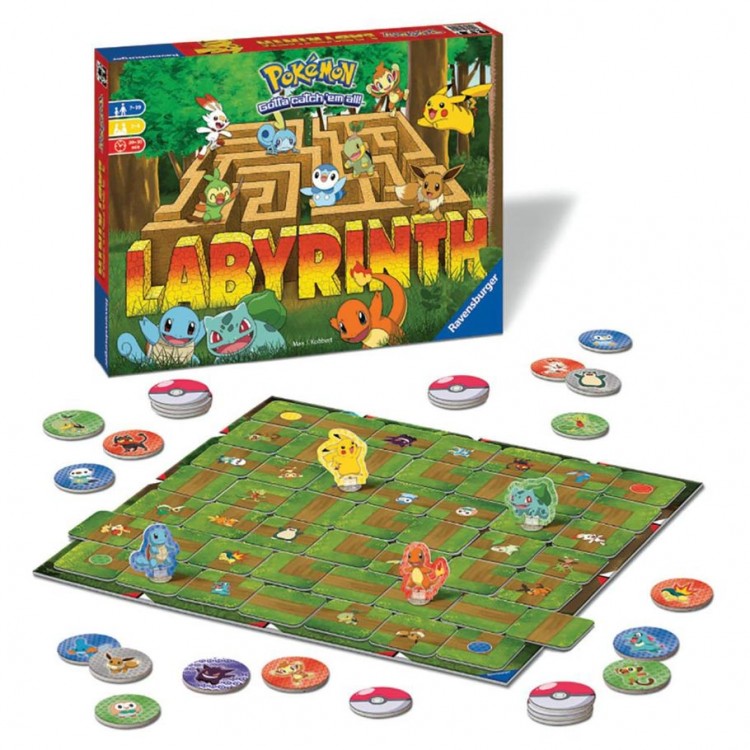 Pokemon Labyrinth - Pokemon Labyrinth board game with green maze board, colorful Pokemon character tokens, and round path markers around the.