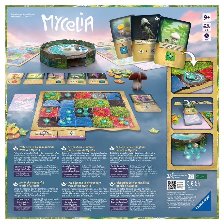 Mycelia - Mycelia board game box with colorful modular tiles, cards featuring fungi illustrations, wooden mushroom tokens, and a turn.