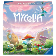 Mycelia - Colorful board game box with whimsical mushroom and fairy characters in a fantasy landscape under a pink and blue sky.