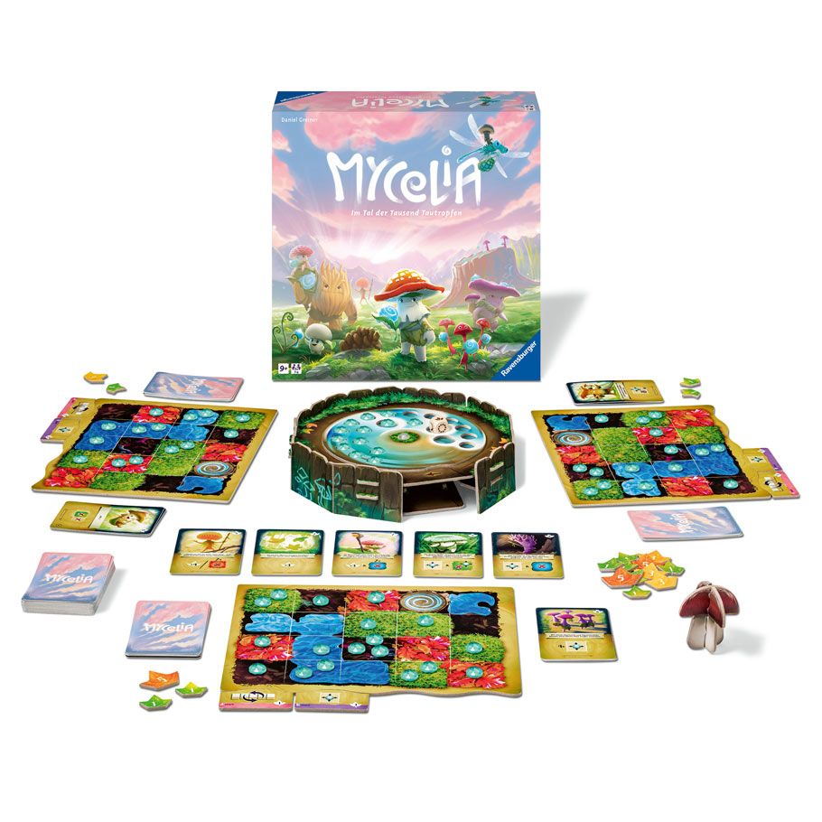 Mycelia - Colorful board game setup with mushroom-themed hex tiles, cards, tokens, and a circular central board, featuring the Mycelia