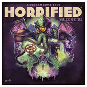 Horrified: World of Monsters - Horrified board game box featuring colorful illustrations of classic monsters like Dracula, Frankenstein, and the Mummy on a