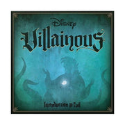 Disney Villainous: Introduction to Evil - Square board game box with dark teal background, gothic black text reading "Disney Villainous," featuring shadowy villain.