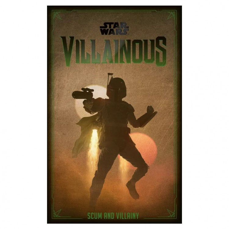 Star Wars Villainous: Scum & Villainy - Scum & Villainy game box featuring silhouette of a blaster-wielding character against a glowing orange sunset background.