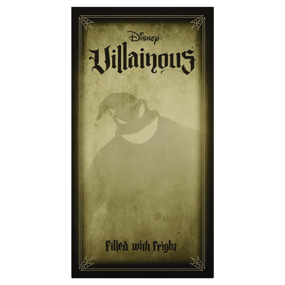 Disney Villainous: Filled With Fright - Filled With Fright game box with muted green and black tones featuring a shadowy silhouette of Oogie Boogie.