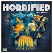 Horrified: Greek Monsters - Dark-themed board game box with glowing Greek monsters surrounding an ancient temple facade under bold white text Horrified.