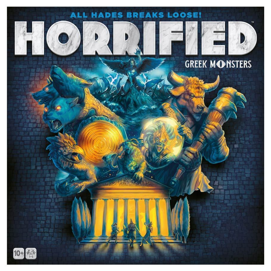 Horrified: Greek Monsters - Dark-themed board game box with glowing Greek monsters surrounding an ancient temple facade under bold white text Horrified.