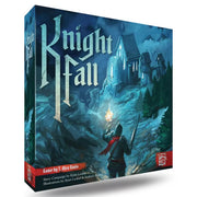 Knight Fall - Board game box with blue and dark tones featuring a knight holding a torch approaching a castle on a rocky path at night.