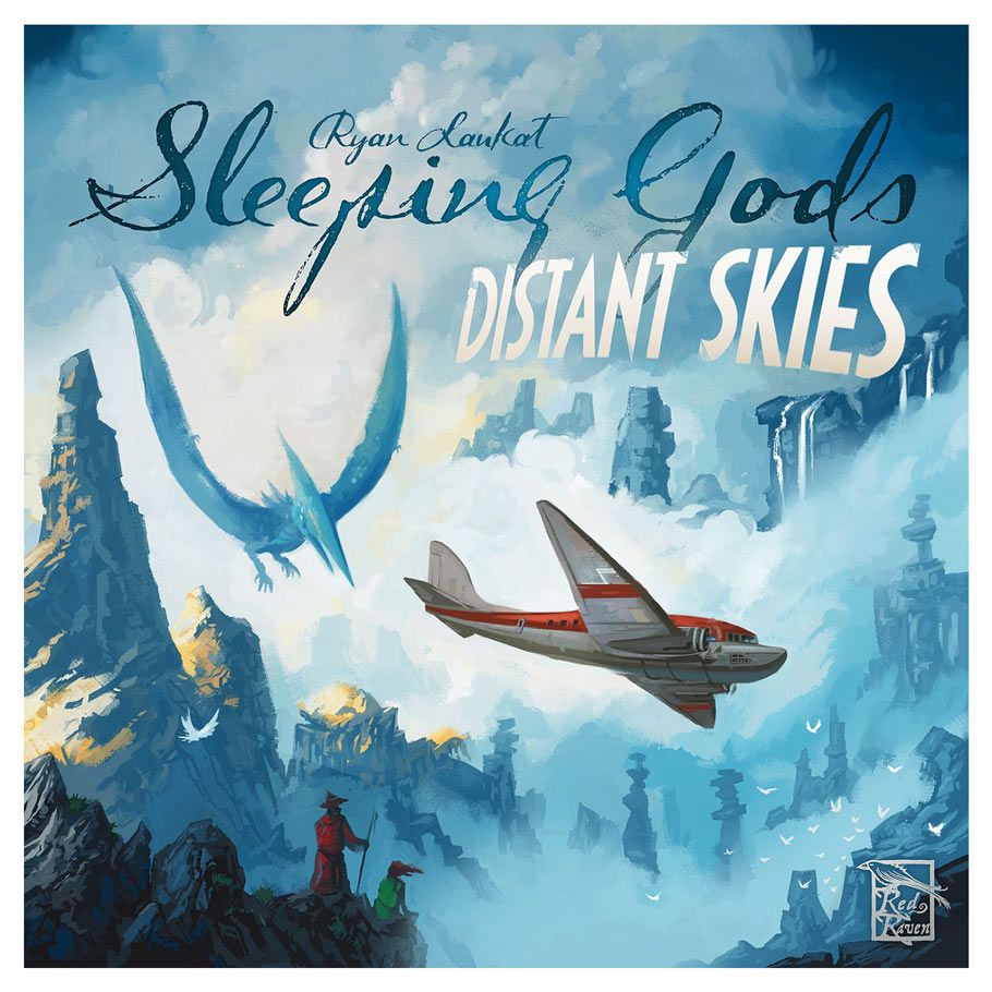 Sleeping Gods: Distant Skies - Board game cover art showing a red and gray seaplane flying over a misty blue mountain landscape with a large dragon soaring