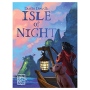 Isle of Night - Card game box with colorful illustration of a woman holding a lantern on a boat with a dog, island cliffs in background at.