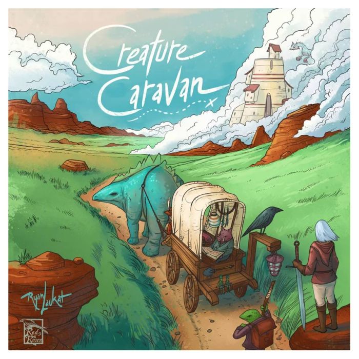 Creature Caravan - Colorful illustrated game box art showing a covered wagon with creatures traveling on a winding path through green hills.
