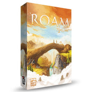 Roam - Rectangular board game box with fantasy landscape art featuring a large stone bridge arching over a waterfall and lush green