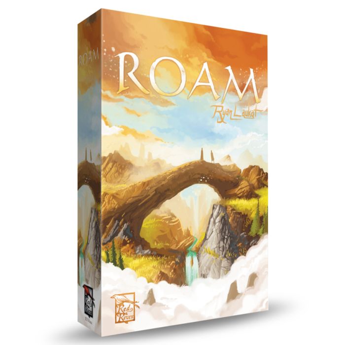 Roam - Rectangular board game box with fantasy landscape art featuring a large stone bridge arching over a waterfall and lush green