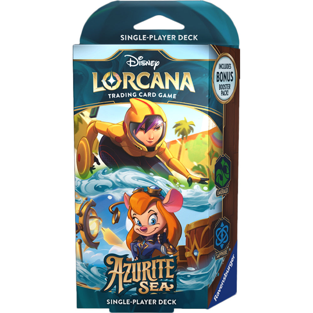 Lorcana TCG: Azurite Sea Starter Deck - Emerald & Sapphire - Disney Lorcana TCG Azurite Sea Starter Deck featuring colorful animated characters on a vibrant ocean-themed background with