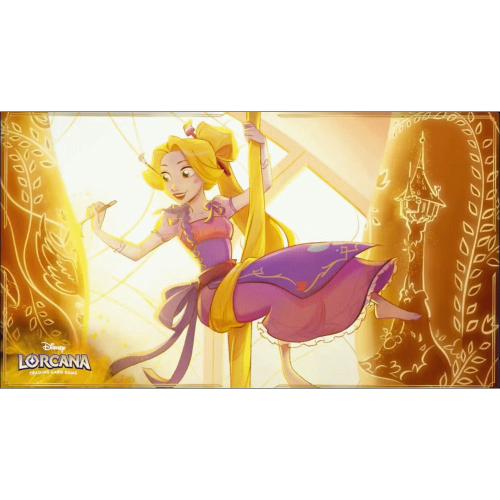 Lorcana TCG: Ursula's Return Rapunzel Playmat - Rectangular playmat featuring Rapunzel swinging on a golden-yellow rope with sunlight streaming through tall windows,.