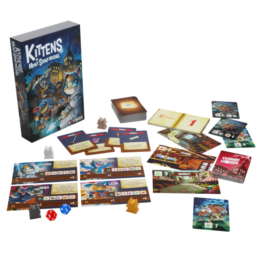 The Kittens of Mont Saint-Michel (PREORDER) - Colorful board game set with illustrated cards, dice, character tokens, and a box featuring playful kittens in a fantasy.