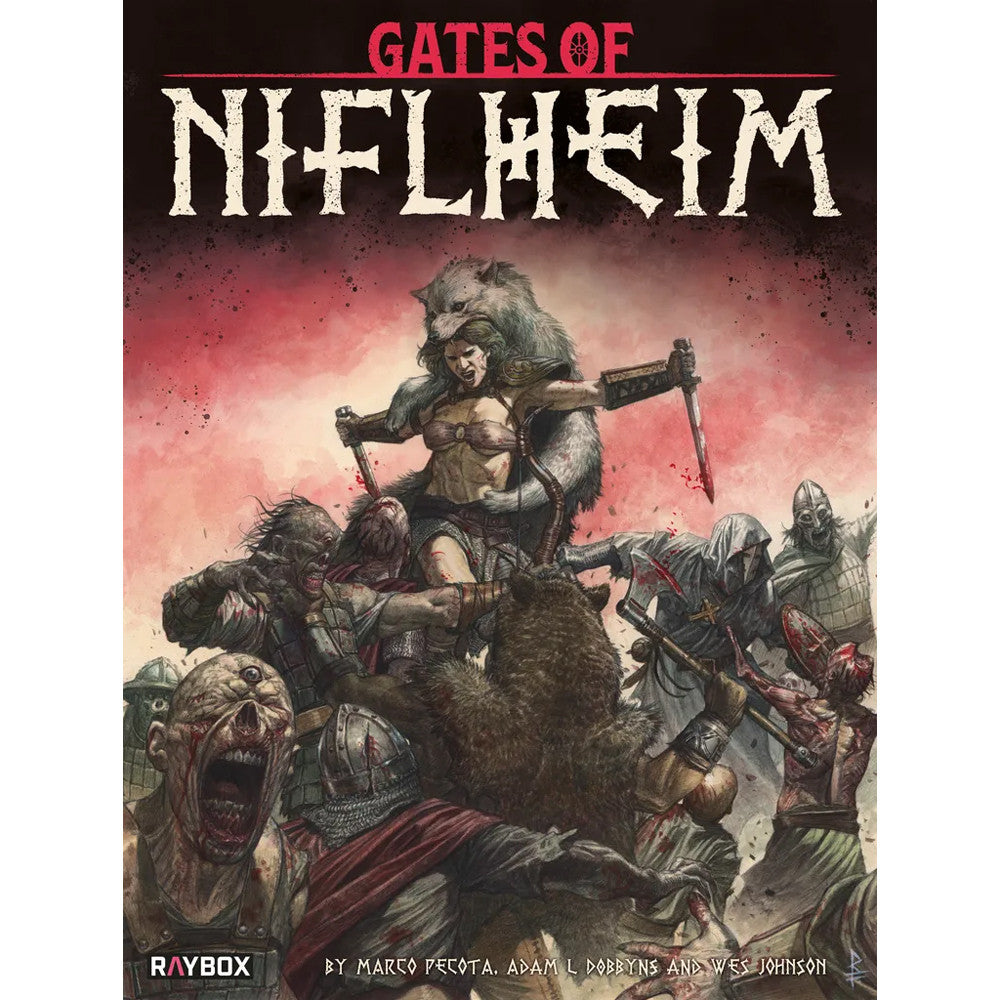 Gates of Niflheim: Box Set (PREORDER) - Box set cover for Gates of Niflheim featuring a warrior holding a weapon amidst undead foes, dark red background, bold white
