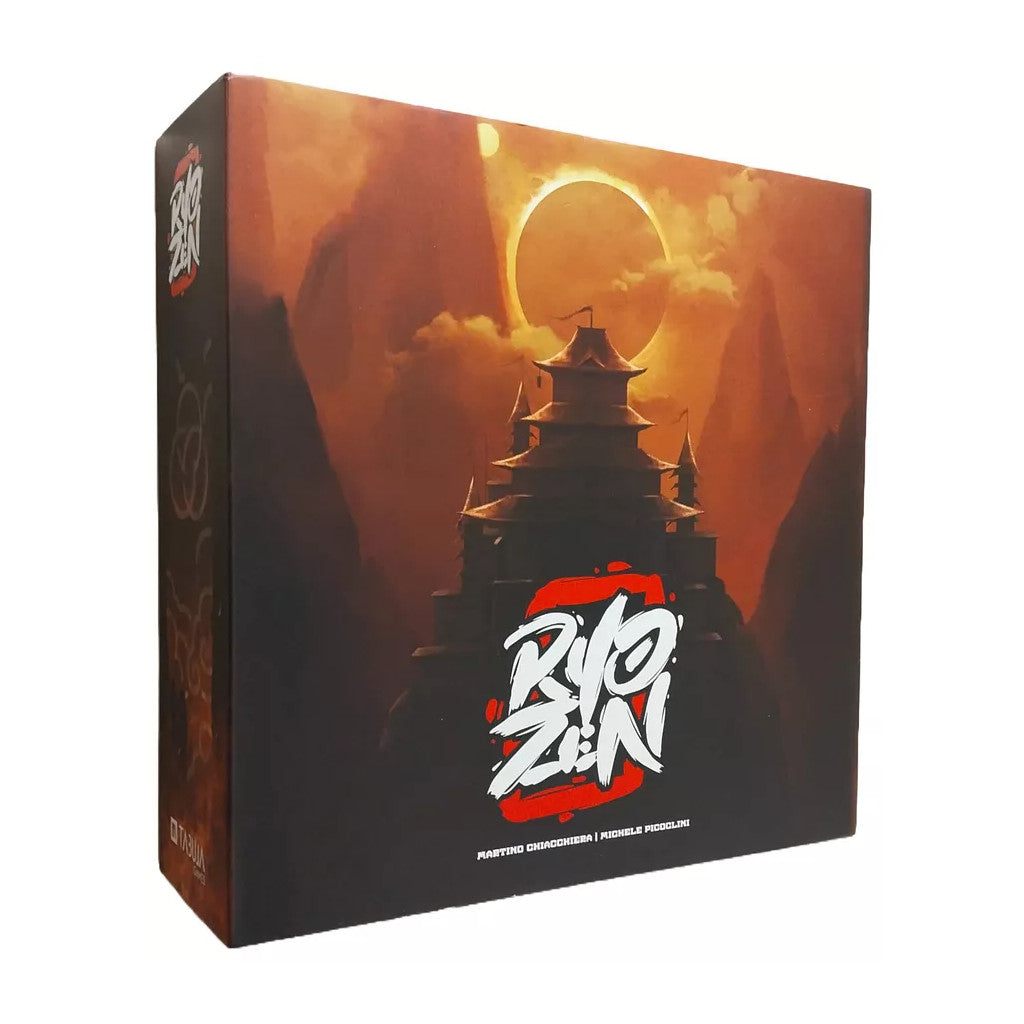 Ryozen: Deluxe Kickstarter Edition - Board game box featuring a dark silhouette of a Japanese pagoda against an orange sunset with a solar eclipse and stylized.