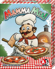 Mama Mia! - Colorful card game box featuring a cartoon Italian chef tossing pizza dough, with a brick oven in the background and the.