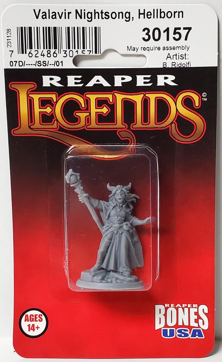 Valavir Nightsong, Hellborn Wizard (Unpainted) - Unpainted gray plastic miniature of a wizard holding a staff, wearing a long flowing robe and horned helmet, on a round base.
